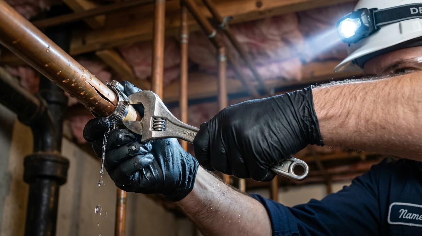 Emergency pipe clamp repair being performed by a Johns Plumbing LLC plumber in Pecos