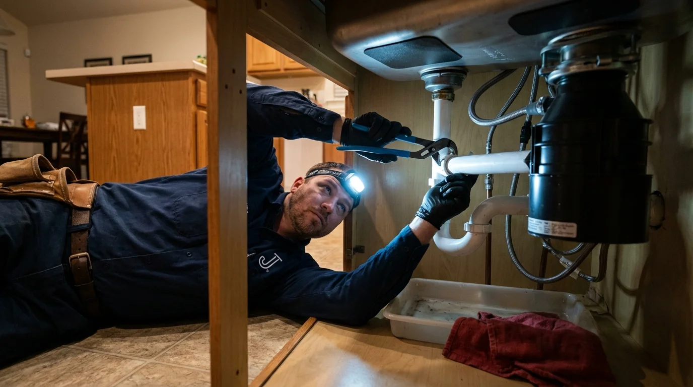 P-trap and supply line connections under a kitchen sink showing a common leak point in Pecos, TX